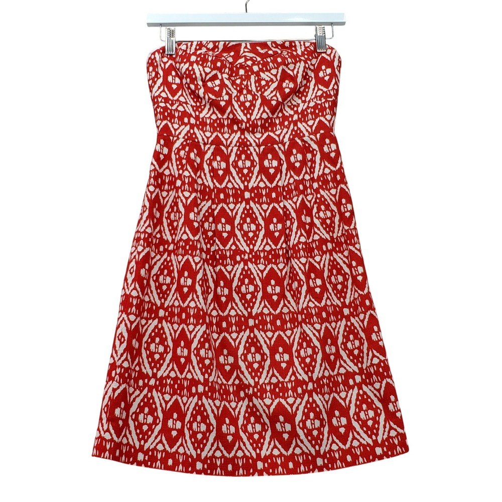 J.Crew Strapless Ikat Dress Womens 0 Red White Geometric Cocktail Prep Partypy